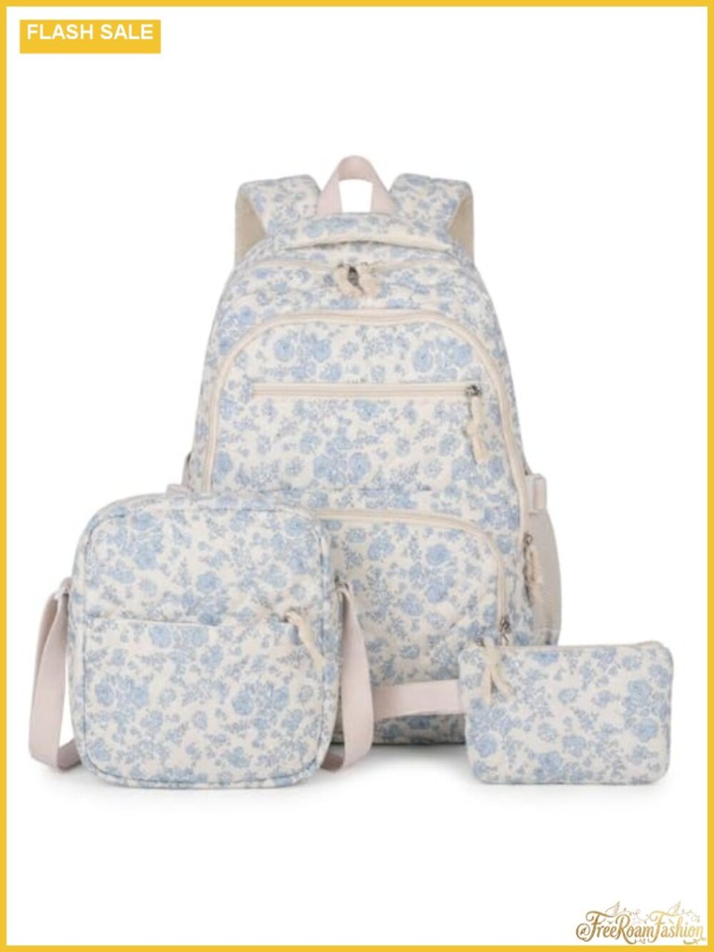 Quilted Floral Backpack 3-Piece Set for Women, Cute Preppy Daypack with